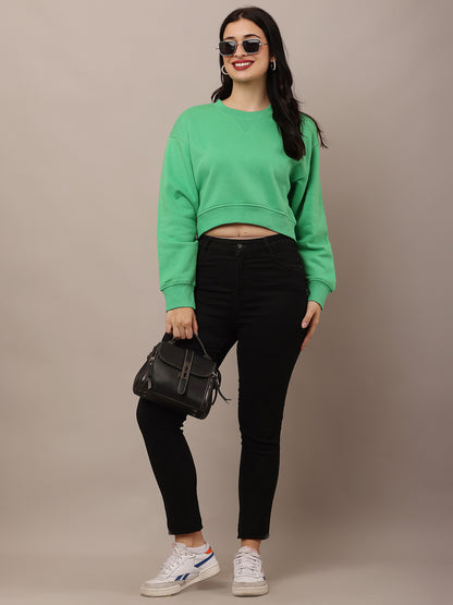 Cotton Full Sleeve with Round Neck Crop Green Sweatshirt