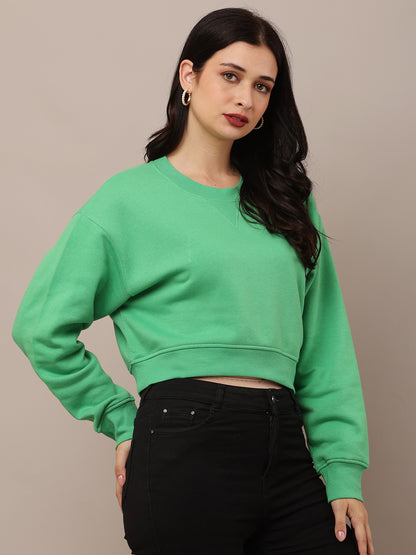 Cotton Full Sleeve with Round Neck Crop Green Sweatshirt