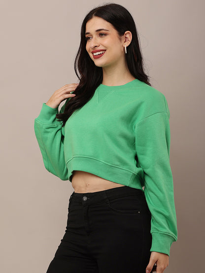 Cotton Full Sleeve with Round Neck Crop Green Sweatshirt