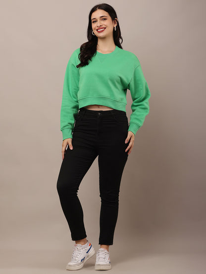 Cotton Full Sleeve with Round Neck Crop Green Sweatshirt