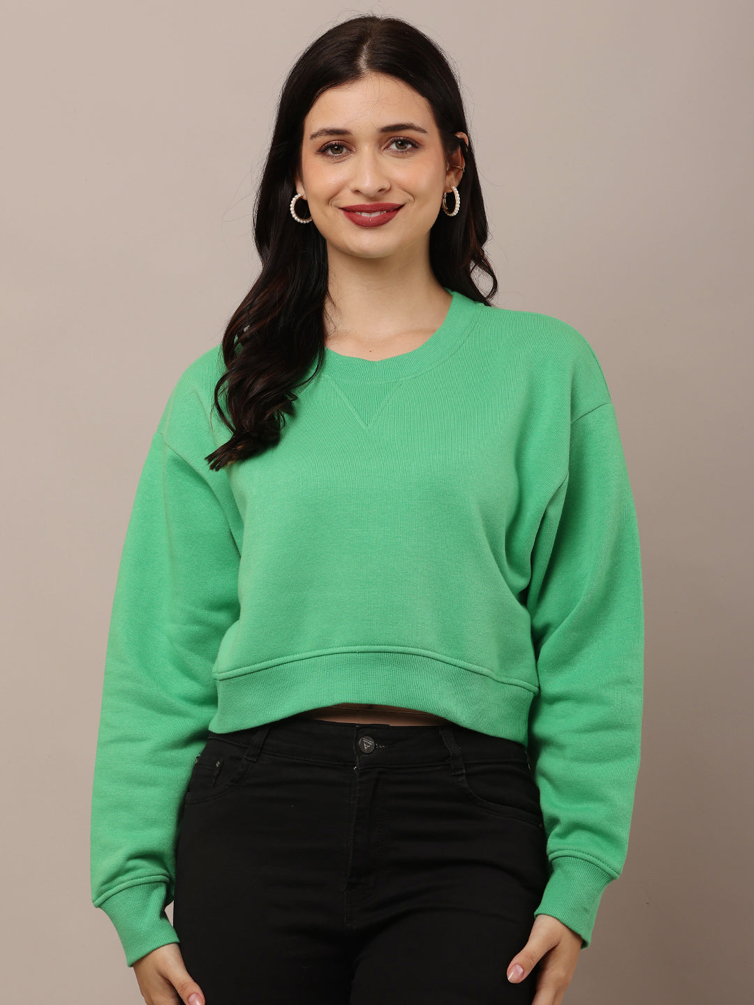 Cotton Full Sleeve with Round Neck Crop Green Sweatshirt