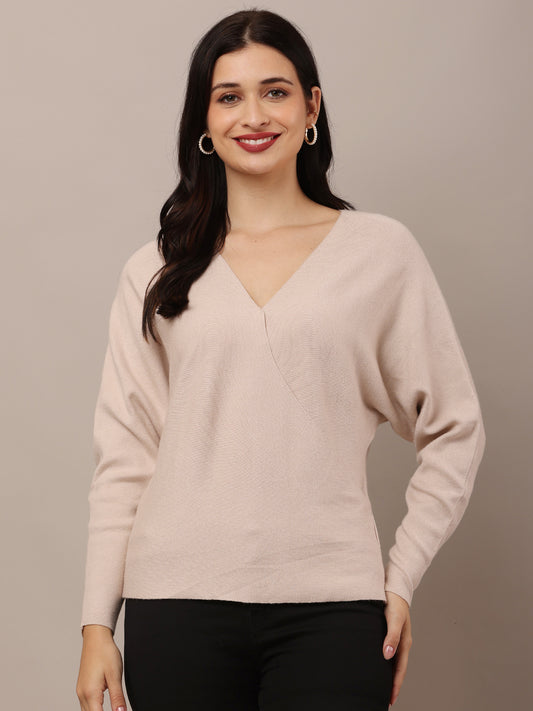 Acrylic V-Neck with Full Sleeve Beige Sweater