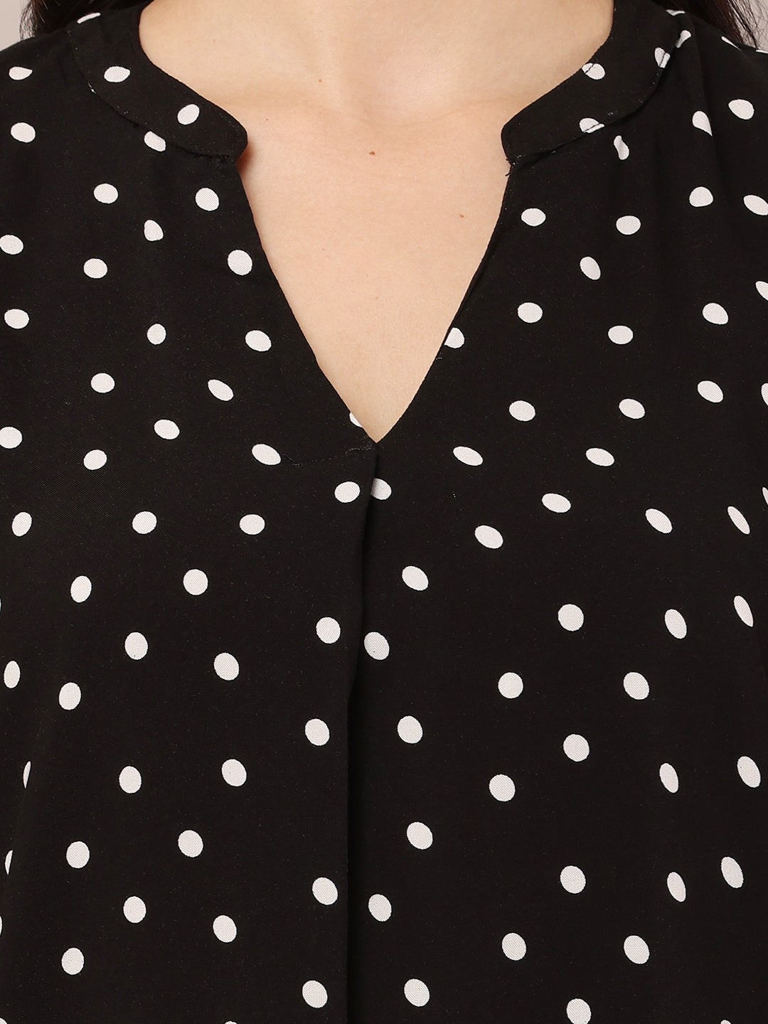 Viscose V-neck with Short Sleeve Polka dot Shift Black Dress