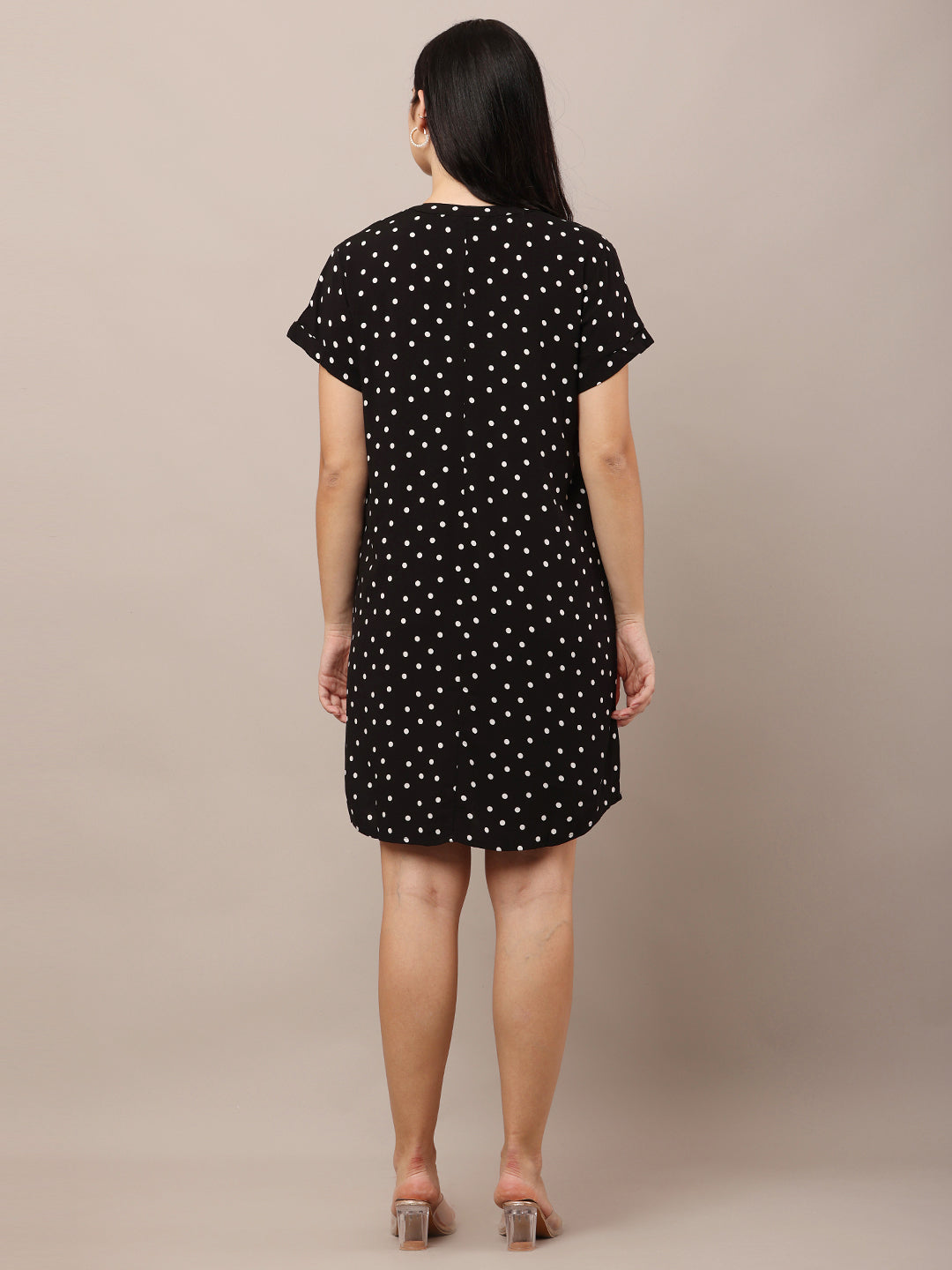 Viscose V-neck with Short Sleeve Polka dot Shift Black Dress