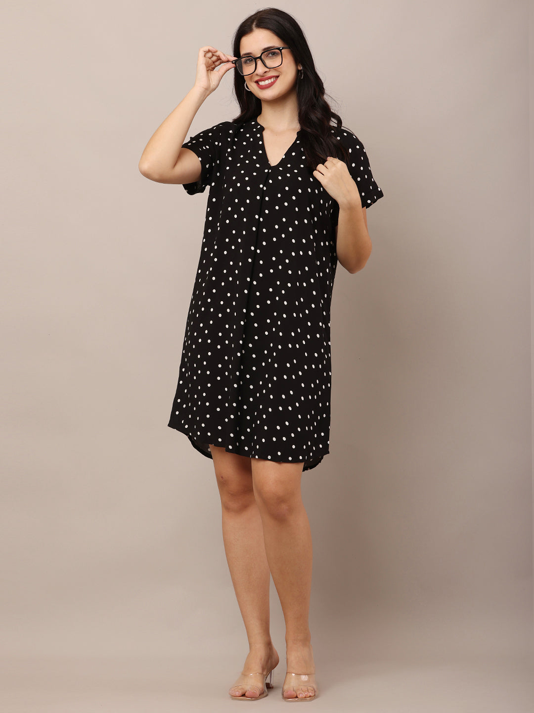 Viscose V-neck with Short Sleeve Polka dot Shift Black Dress