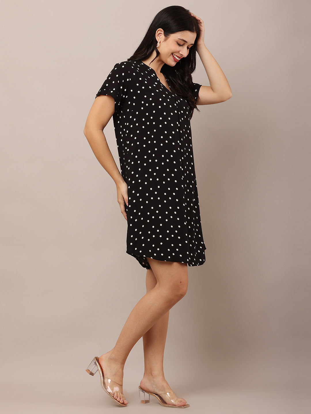 Viscose V-neck with Short Sleeve Polka dot Shift Black Dress