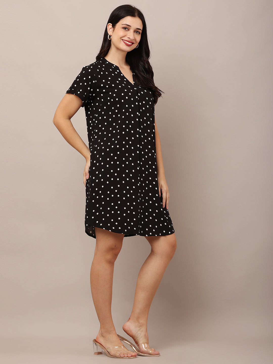 Viscose V-neck with Short Sleeve Polka dot Shift Black Dress