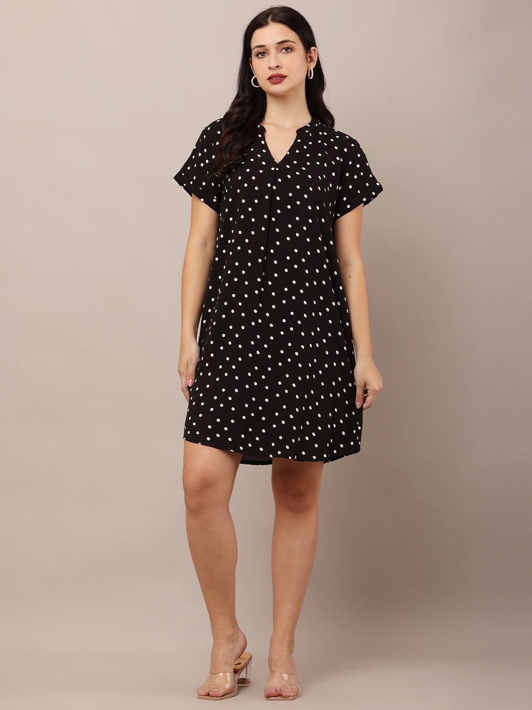 Viscose V-neck with Short Sleeve Polka dot Shift Black Dress