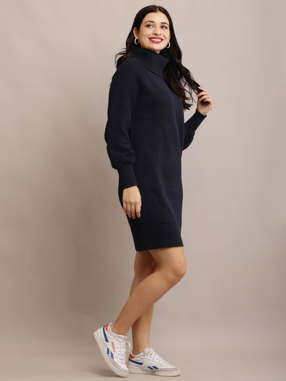 Viscose Full sleeve with High-Neck Dark Blue Straight Dress