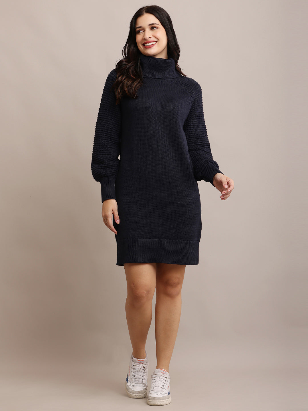 Viscose Full sleeve with High-Neck Dark Blue Straight Dress