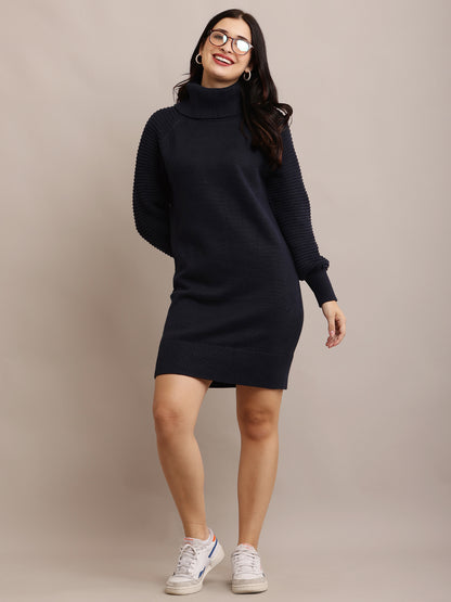 Viscose Full sleeve with High-Neck Dark Blue Straight Dress