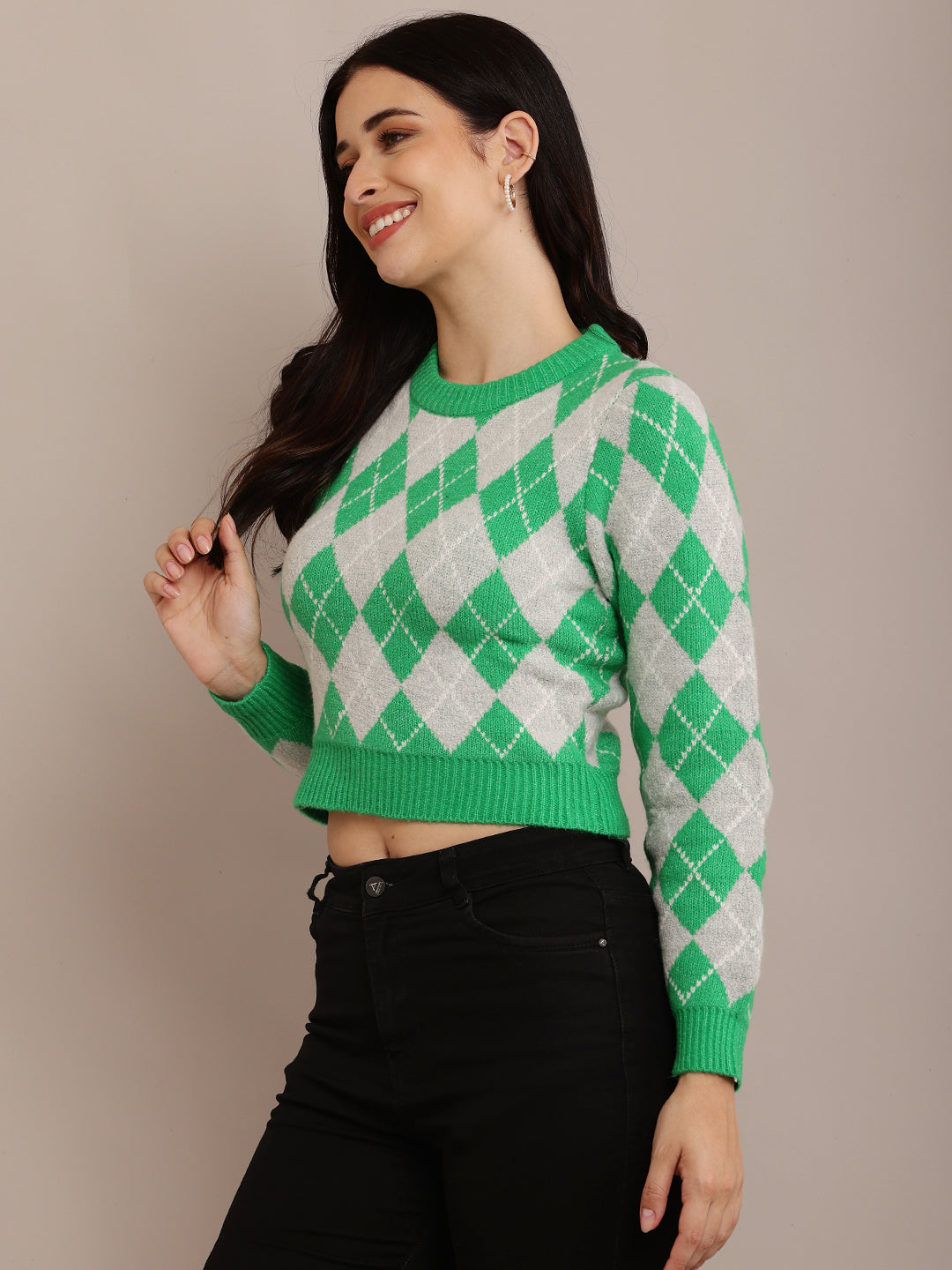 Acrylic Round Neck with Full Sleeve Green sweater