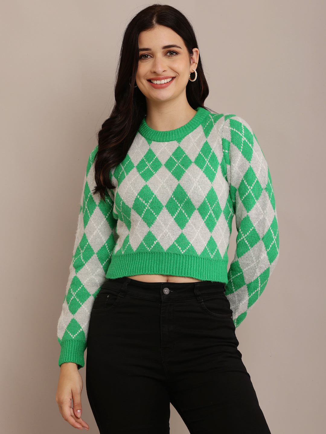 Acrylic Round Neck with Full Sleeve Green sweater