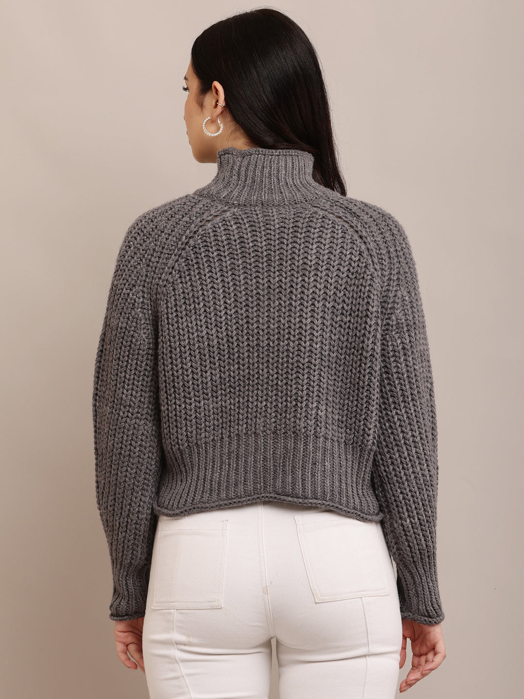 Acrylic Full Sleeve with high neck cable knit grey sweater