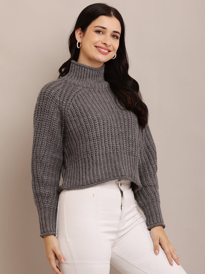 Acrylic Full Sleeve with high neck cable knit grey sweater