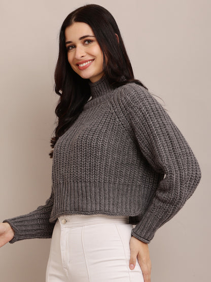 Acrylic Full Sleeve with high neck cable knit grey sweater