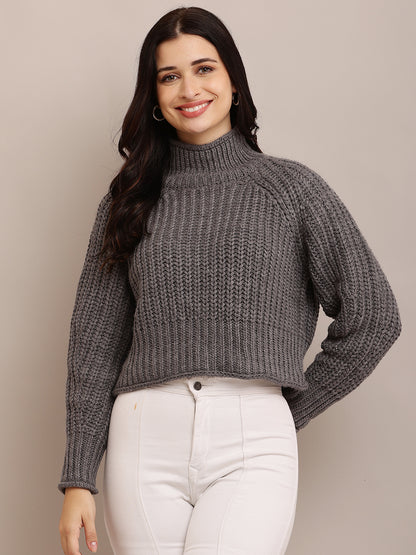 Acrylic Full Sleeve with high neck cable knit grey sweater