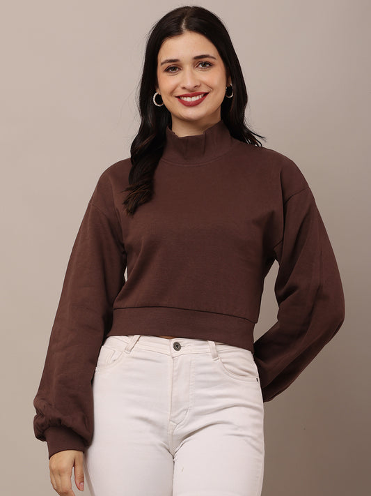 Cotton High-Neck with Full Sleeve Brown Sweatshirt