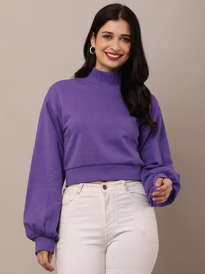 Cotton High-Neck with Full Sleeve Purple Sweatshirt