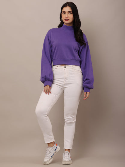 Cotton High-Neck with Full Sleeve Purple Sweatshirt