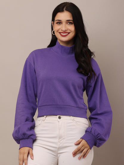 Cotton High-Neck with Full Sleeve Purple Sweatshirt