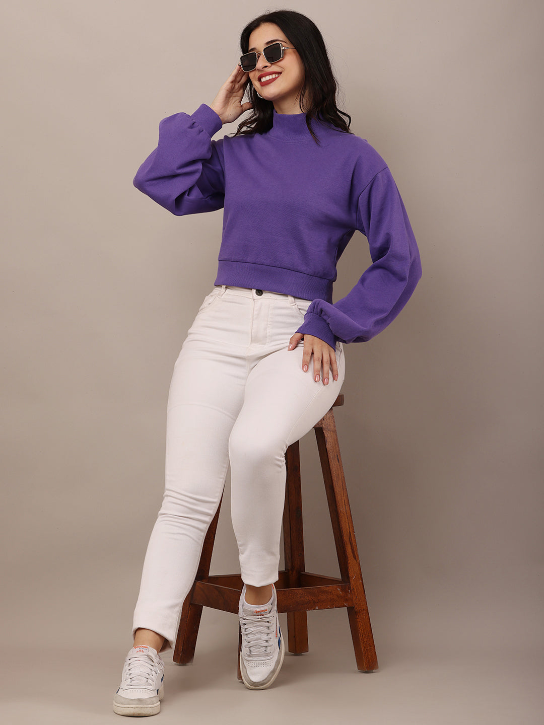 Cotton High-Neck with Full Sleeve Purple Sweatshirt