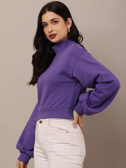 Cotton High-Neck with Full Sleeve Purple Sweatshirt