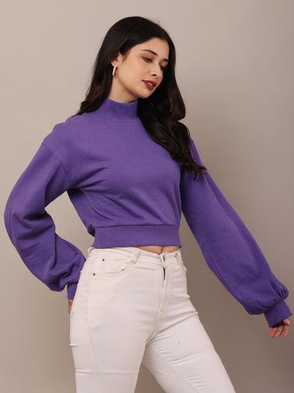 Cotton High-Neck with Full Sleeve Purple Sweatshirt