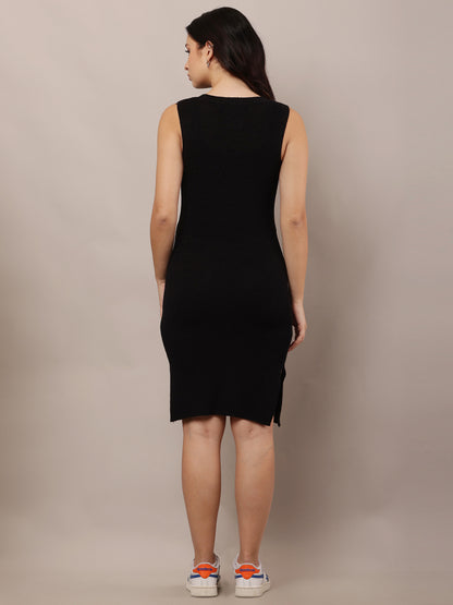 Viscose Round Neck with Sleeveless Ribbed Black Shift Dress