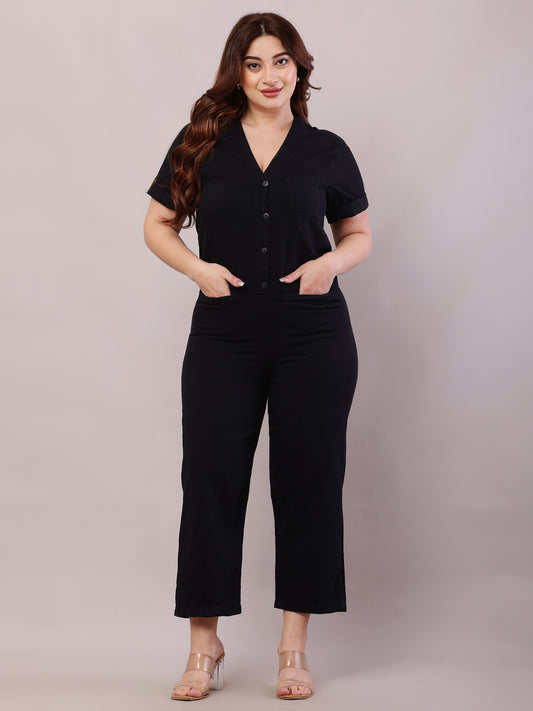 Cotton Short Sleeve with V-Neck Black Jumpsuit