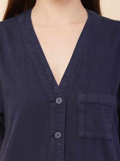 Cotton Short Sleeve with V-Neck Dark Blue Jumpsuit