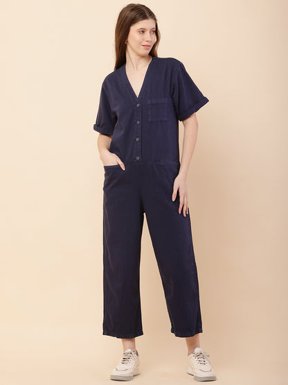 Cotton Short Sleeve with V-Neck Dark Blue Jumpsuit