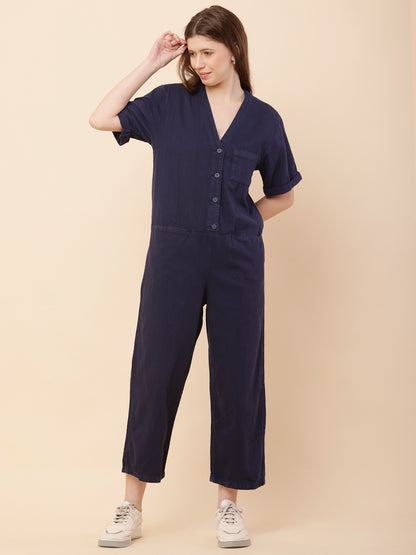 Cotton Short Sleeve with V-Neck Dark Blue Jumpsuit