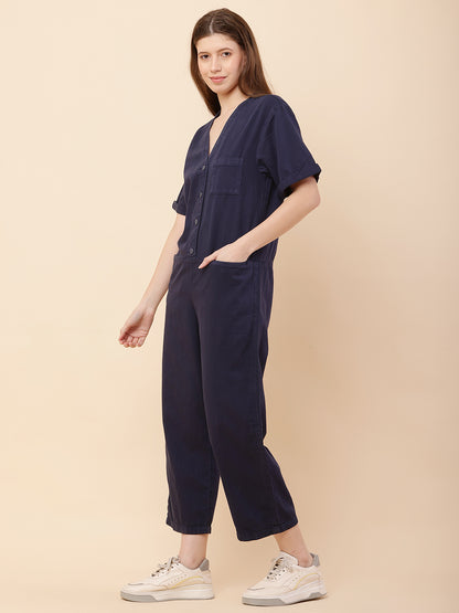 Cotton Short Sleeve with V-Neck Dark Blue Jumpsuit