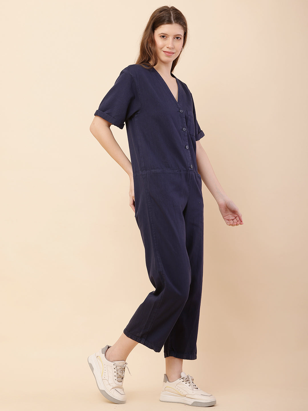 Cotton Short Sleeve with V-Neck Dark Blue Jumpsuit