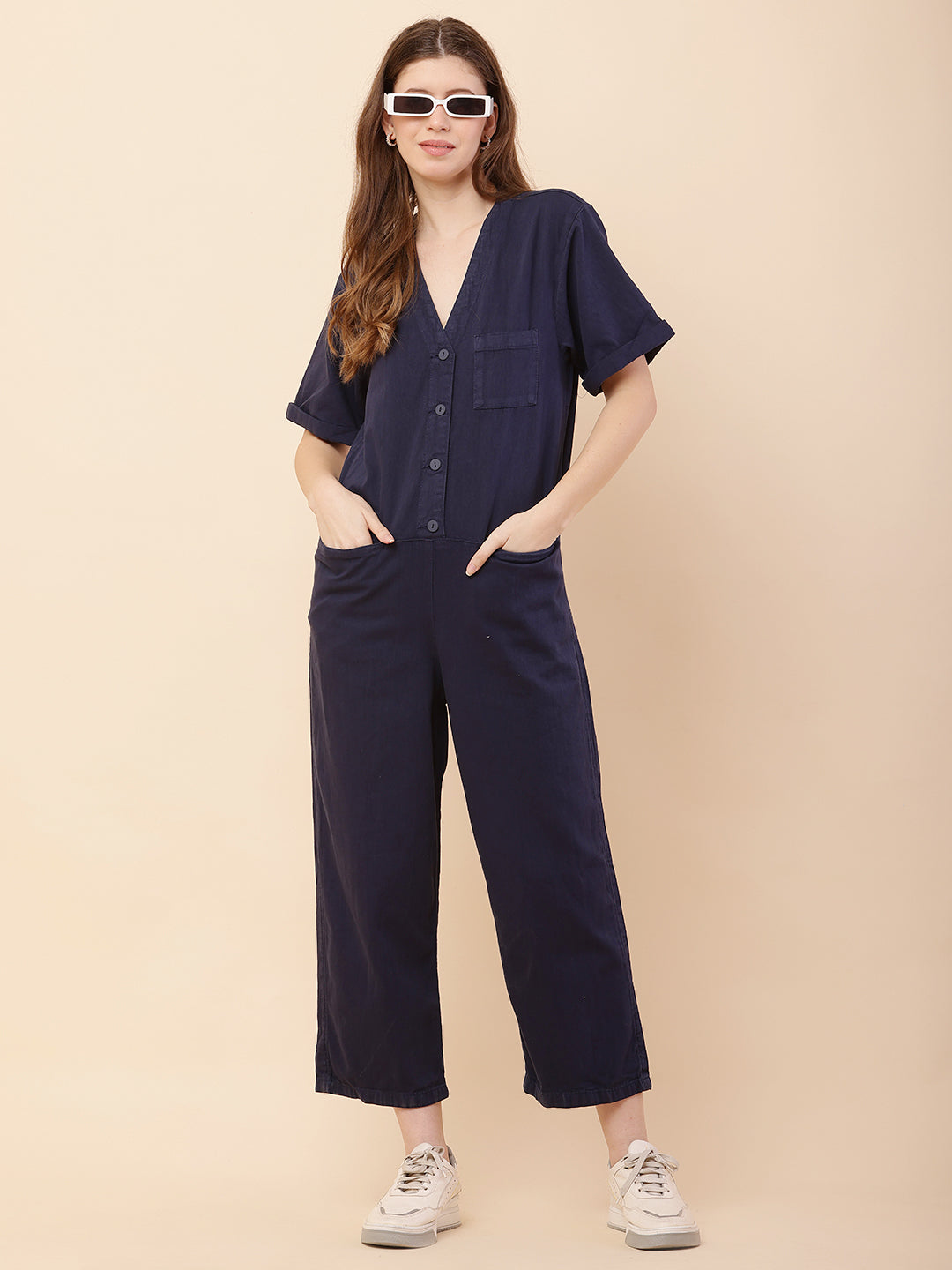 Cotton Short Sleeve with V-Neck Dark Blue Jumpsuit