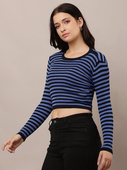 Viscose Full Sleeve Round Neck Blue and Black Sweater