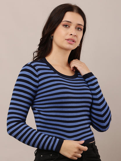 Viscose Full Sleeve Round Neck Blue and Black Sweater