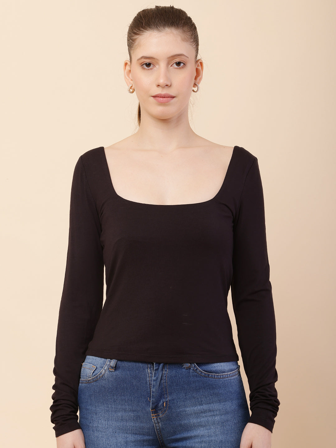 Polyester Full Sleeve with Square Neck Black Regular Fit Top