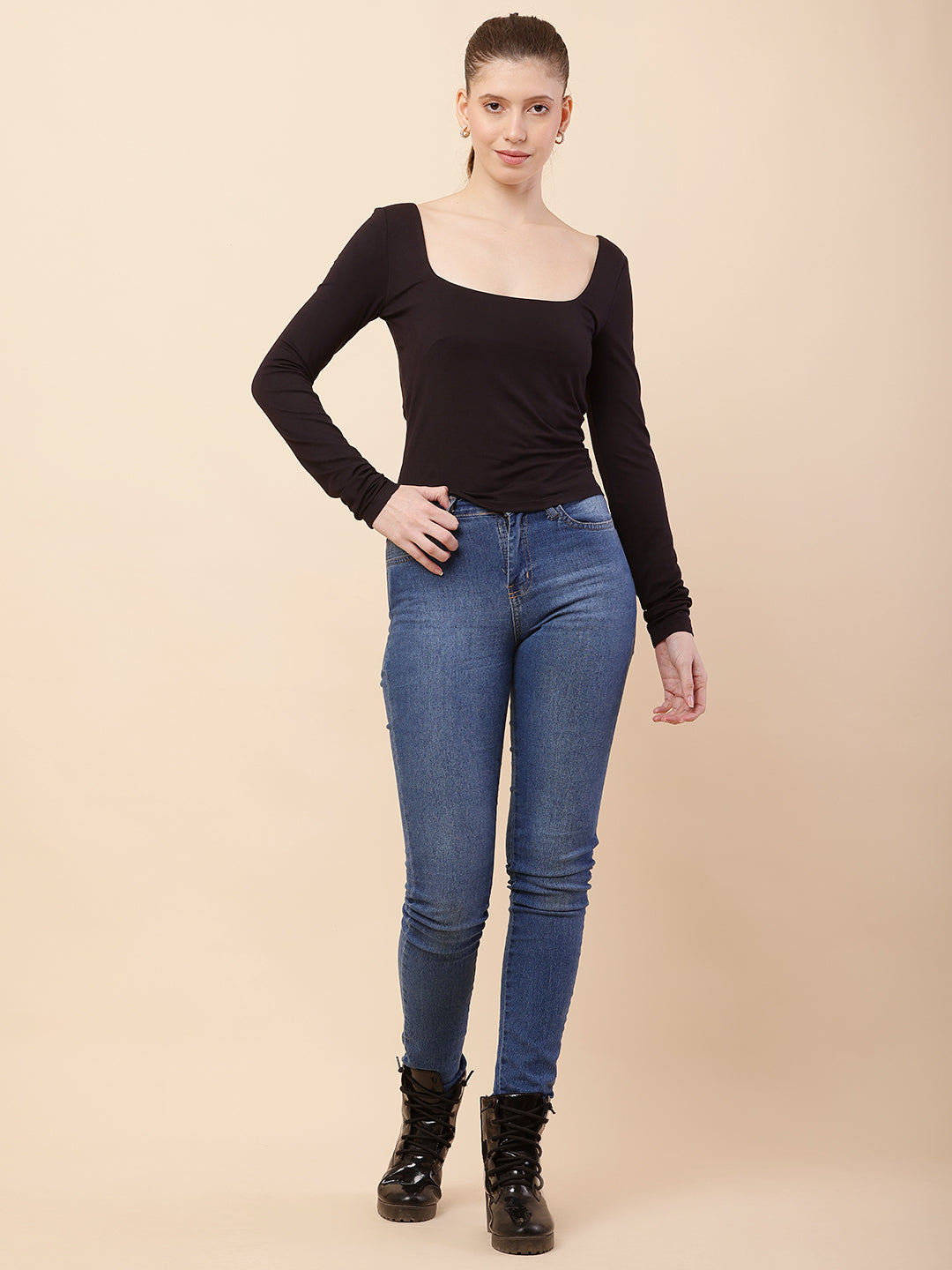 Polyester Full Sleeve with Square Neck Black Regular Fit Top