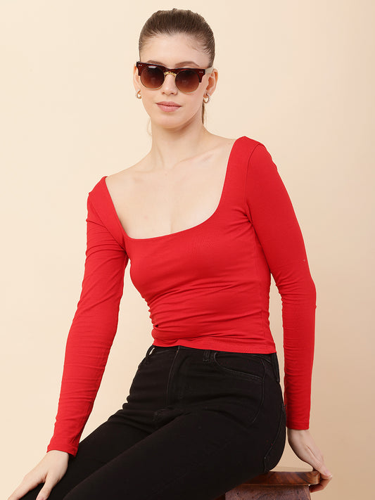 Polyester Full Sleeve with Square Neck Red Regular Fit Top