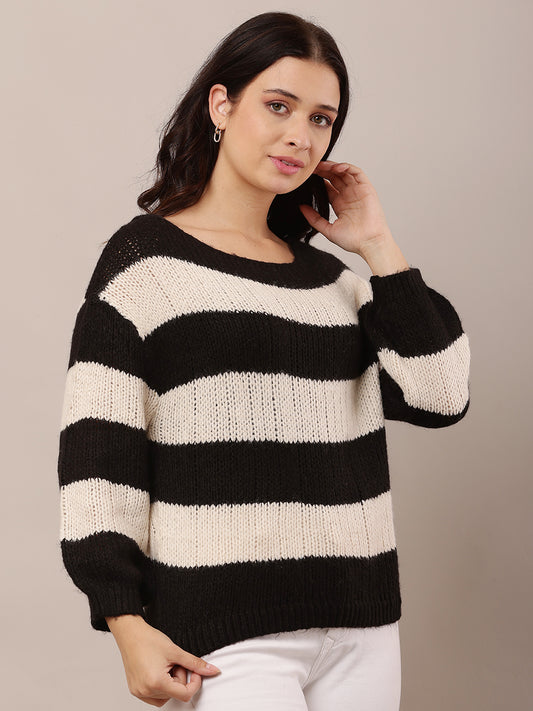 Acrylic Crew neck with Full Sleeve Black and white Knitted Sweater