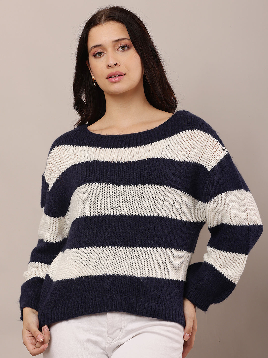 Acrylic Crew neck with Full Sleeve Dark Blue and white Knitted Sweater