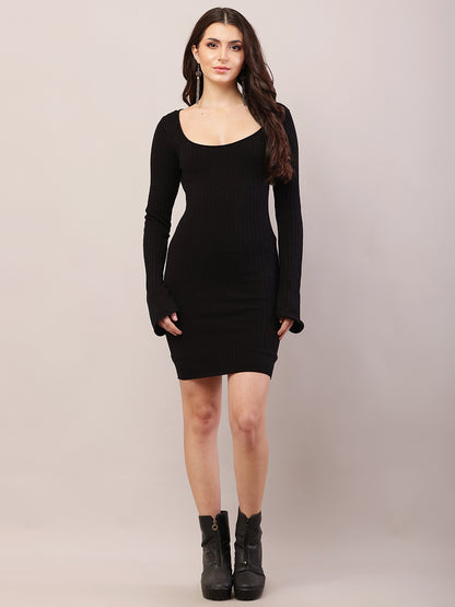 Viscose Full Sleeve with Round Neck Fitted Ribbed Bodycon Black Dress