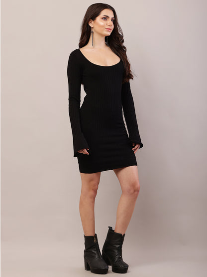 Viscose Full Sleeve with Round Neck Fitted Ribbed Bodycon Black Dress