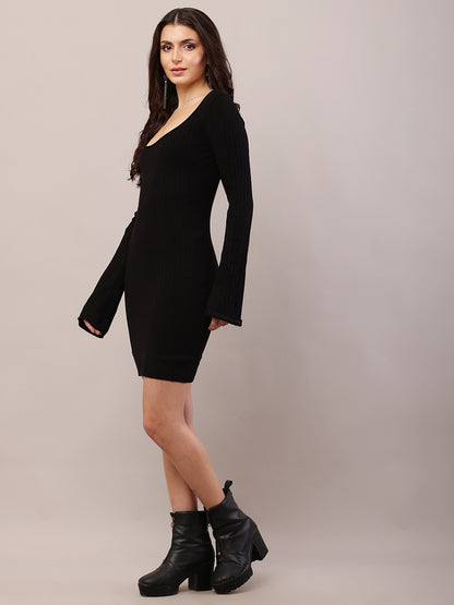 Viscose Full Sleeve with Round Neck Fitted Ribbed Bodycon Black Dress