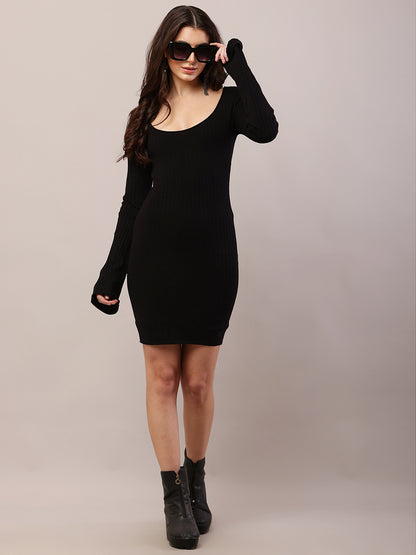 Viscose Full Sleeve with Round Neck Fitted Ribbed Bodycon Black Dress