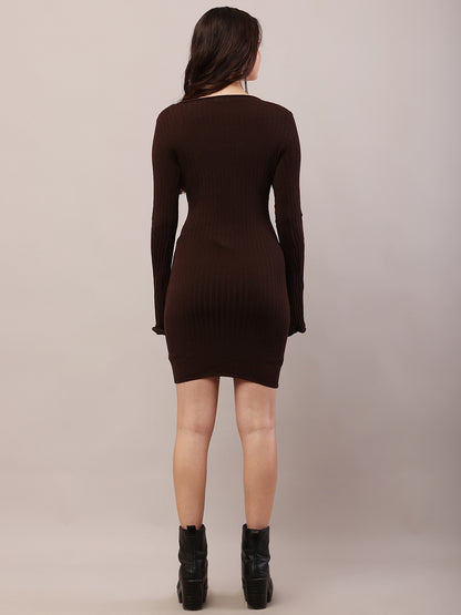 Viscose Full Sleeve with Round Neck Fitted Ribbed Bodycon Brown Dress