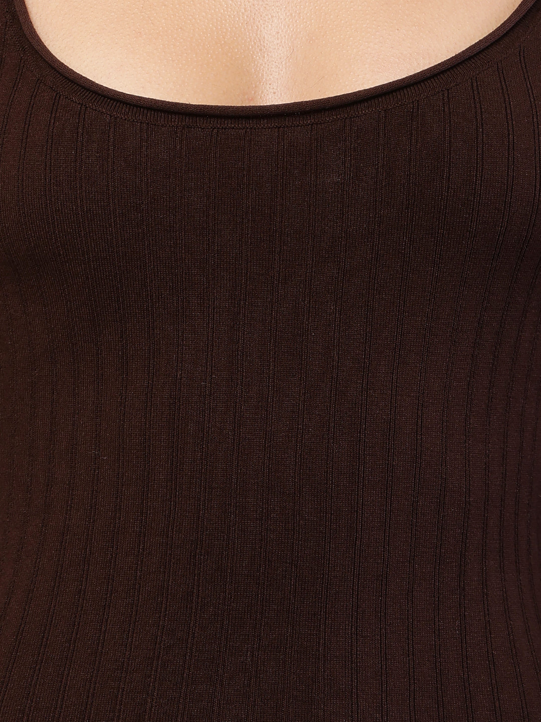 Viscose Full Sleeve with Round Neck Fitted Ribbed Bodycon Brown Dress