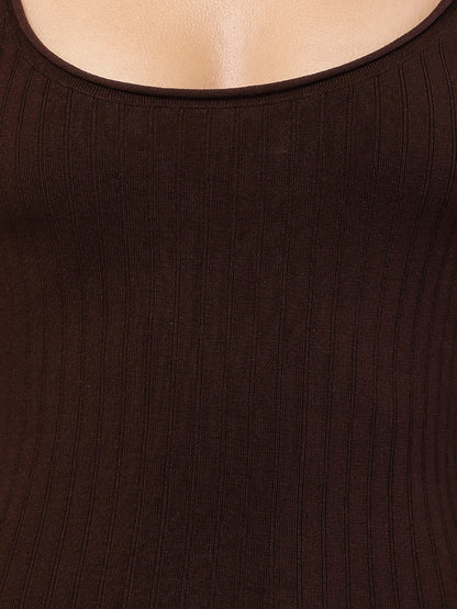 Viscose Full Sleeve with Round Neck Fitted Ribbed Bodycon Brown Dress